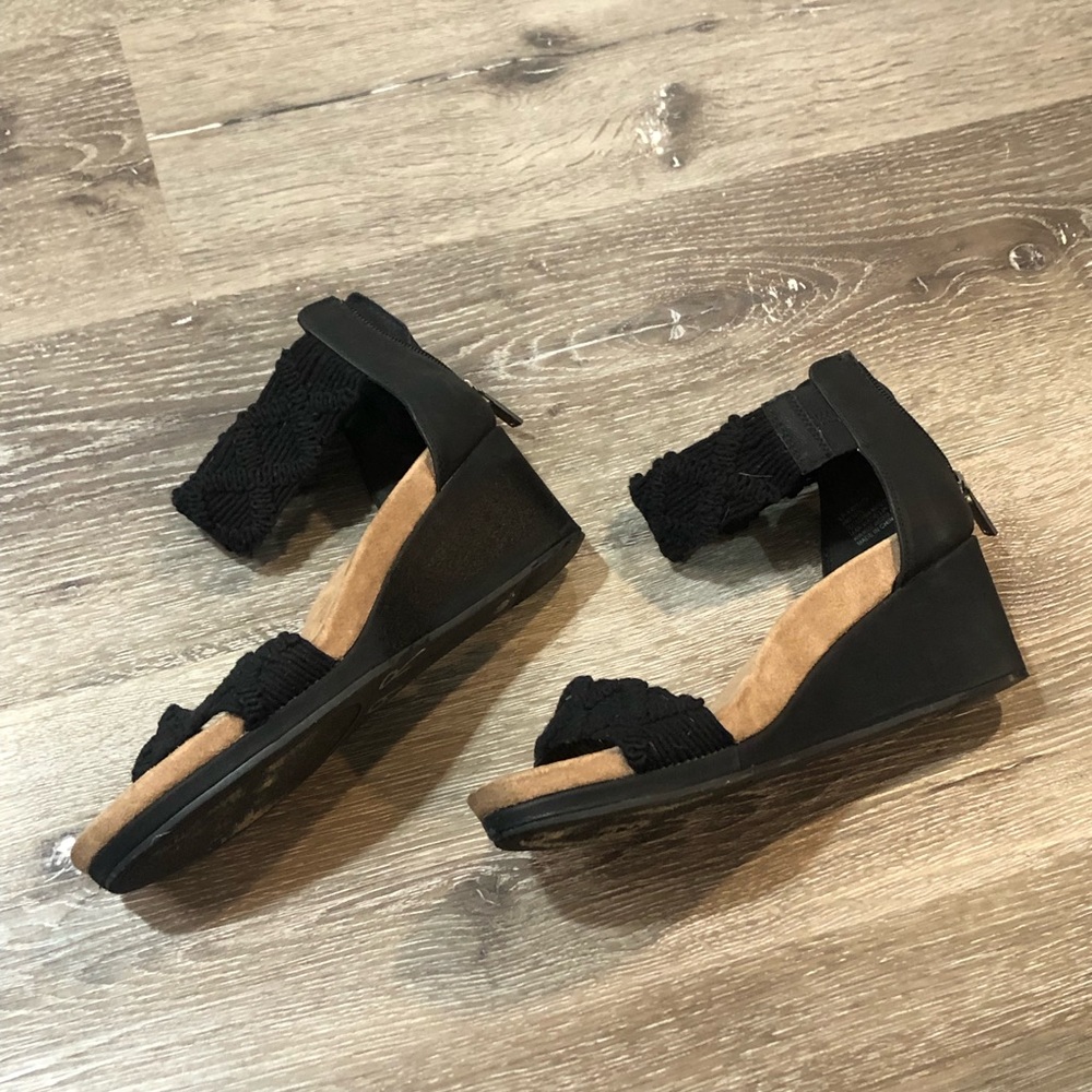 Lucky Brand Black Kierlo Boho Wedge Sandal Crochet Ankle Strap